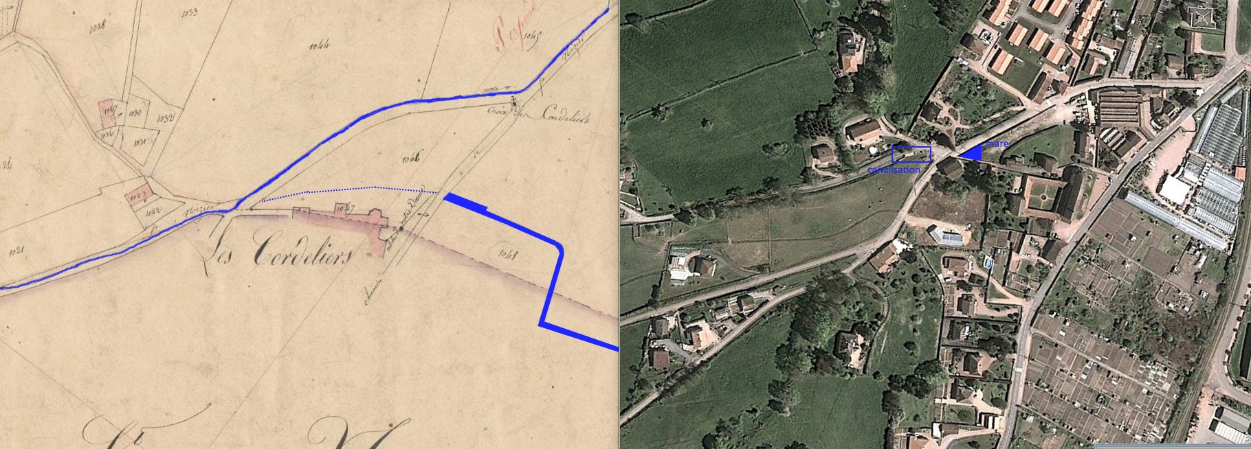 Le cadstre de 1831 et une photo aérienne actuelle - Cliquez pour voir en grand.